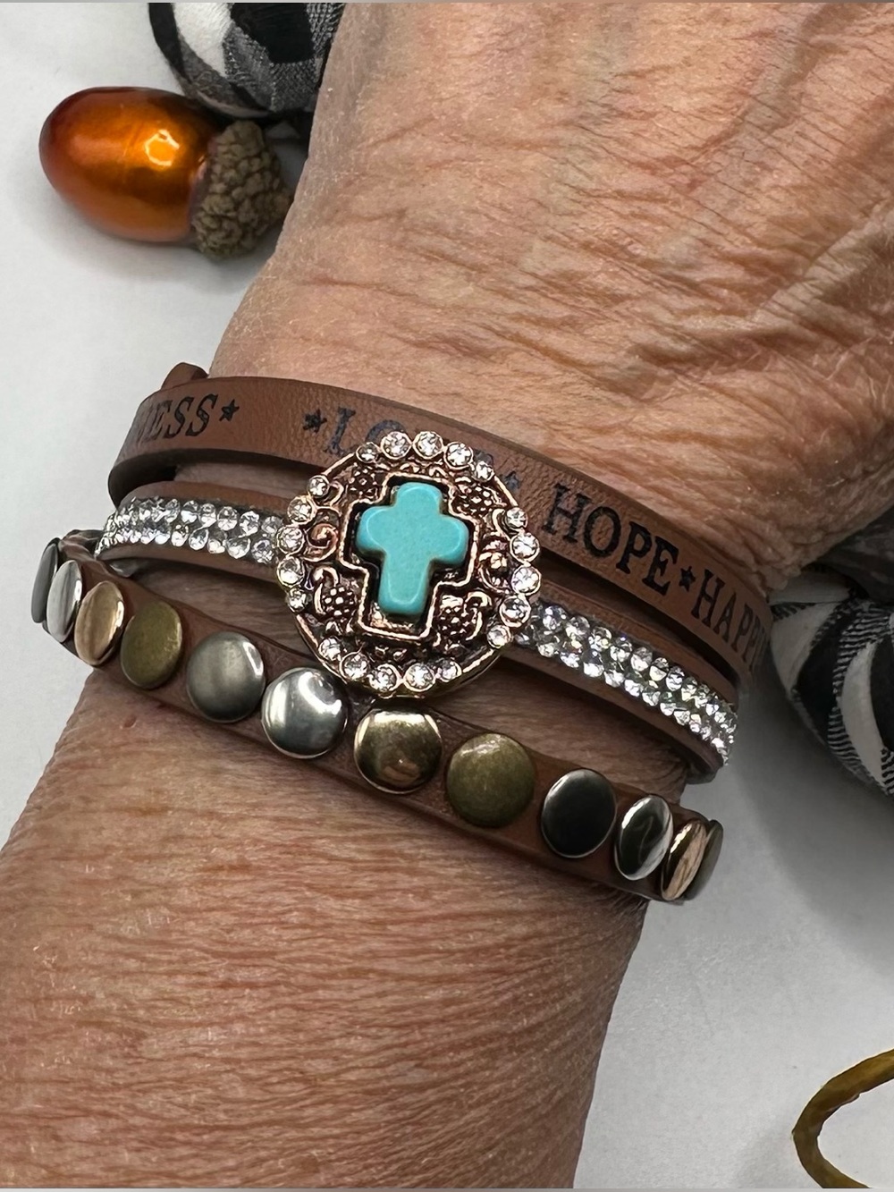 Love, Hope, Happiness Leather Bracelet & 18mm Western Blue Cross Snap NWT